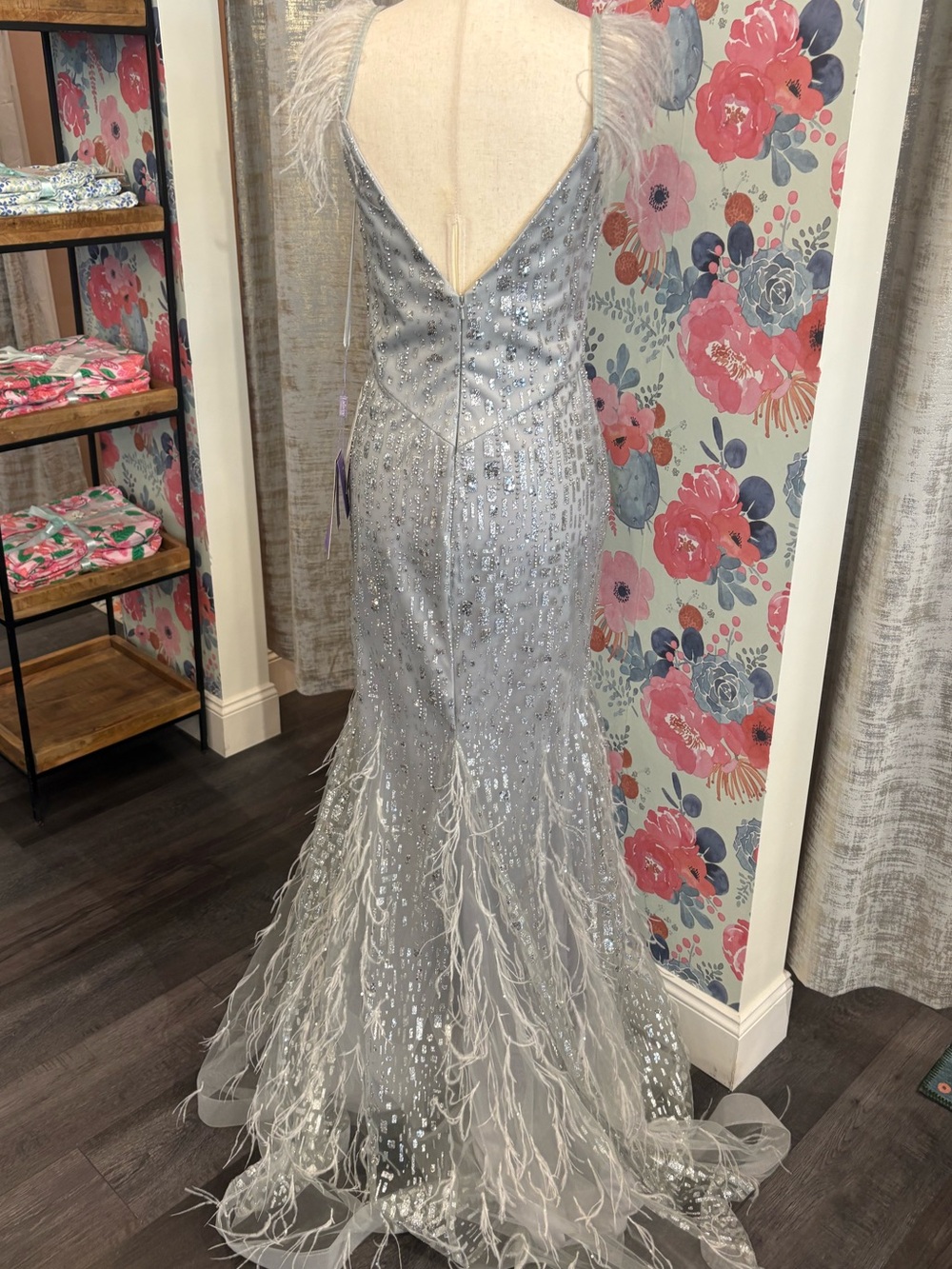 Silver Embellished Feather-Trim Gown - Picture 3 of 6